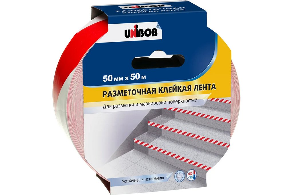 Лента сигнальная для разметки ПВХ красно-белая 50мм*50м UNIBOB, 150 мкм, клейкая