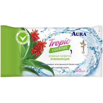 Салфетки влажные  60шт/уп Aura "Tropic Cocktail" освежающие