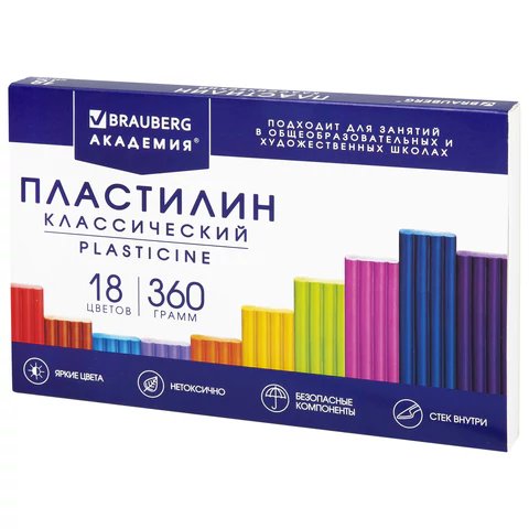 Пластилин 18 цв. 360 гр BRAUBERG "Академия классическая" со стеком