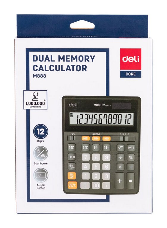Калькулятор наст. Deli EM888 (12 разр., 2 питания, коррекция 203*158*31мм) черный