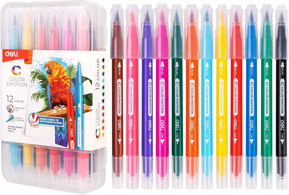 Набор фломастеров 12 цв. Deli "Color Emotion" двусторонние (кисть, игловидный), в пластиковом пенале
