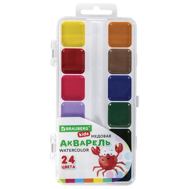 Краски акварельные 24 цв. медовые Brauberg "KIDS" (без кисти, пластиковая упаковка)