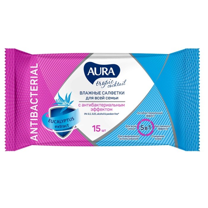 Салфетки влажные  15шт/уп Aura "Tropic Cocktail" с антибак. эффектом