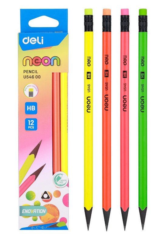 Карандаш ч/г HB пласт. корпус трехгранный Deli "Neon" с ластиком