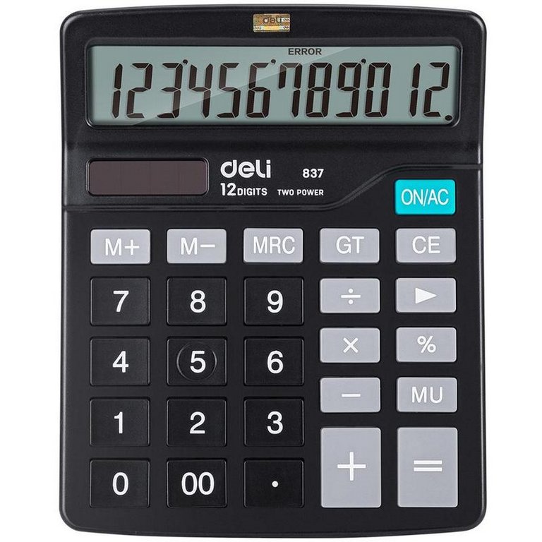 Калькулятор наст. Deli E837 (12 разр.) 2 питания, 148x120х52 мм, черный