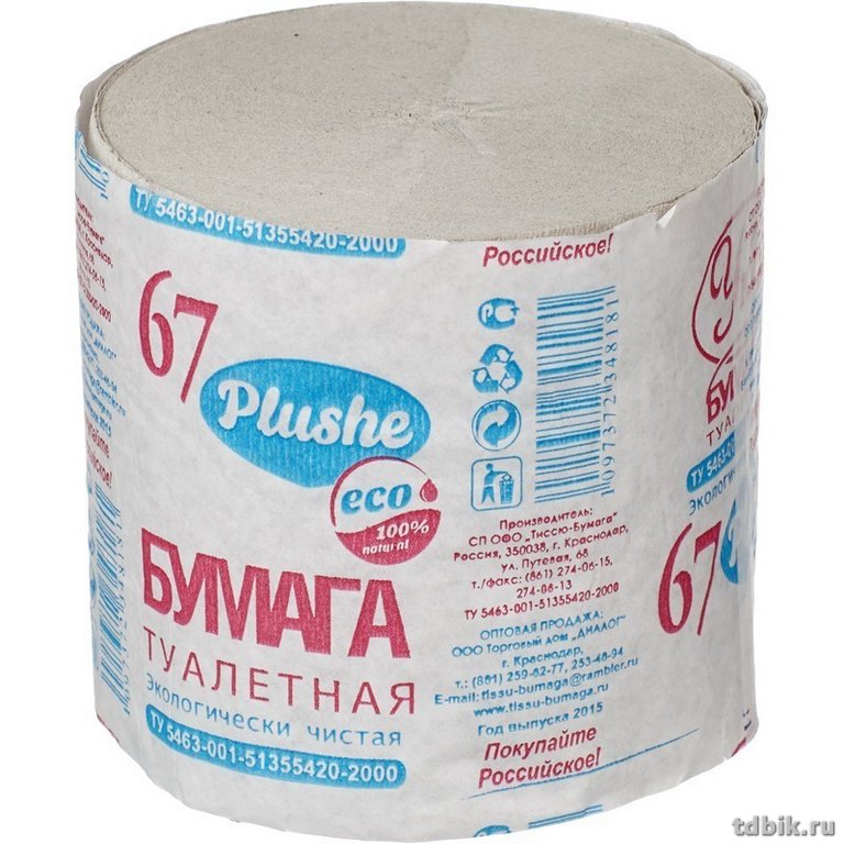 Туалетная бумага (1 рул) 1 слой, L-34м, шир.-80 мм  Plushe Уют, серая