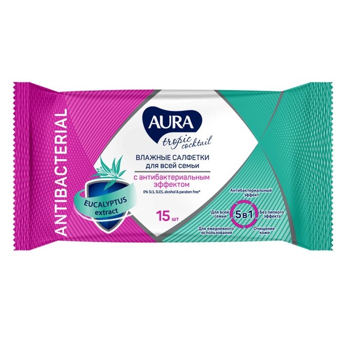 Салфетки влажные  15шт/уп Aura "Tropic Cocktail" с антибак. эффектом