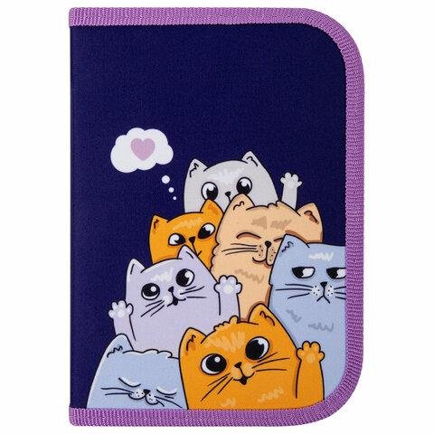 Пенал 1 отд. 1 откид. планка для девочки Пифагор "Cats greetings" 19*13 см (ткань)