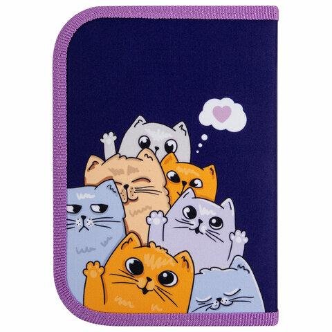 Пенал 1 отд. 1 откид. планка для девочки Пифагор "Cats greetings" 19*13 см (ткань)