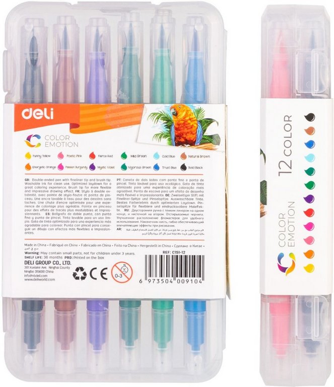 Набор фломастеров 12 цв. Deli "Color Emotion" двусторонние (кисть, игловидный), в пластиковом пенале