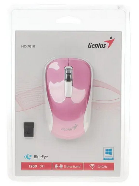 Мышь оптическая беспроводная Genius NX-7010, 2 кнопки, 1 колесо-кнопка. цв. розовый
