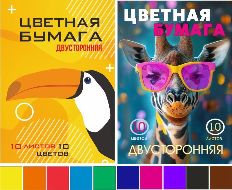 Набор цв. бумаги двухсторонней А4 10 лист 10 цв. "Зоопарк" 2 дизайна