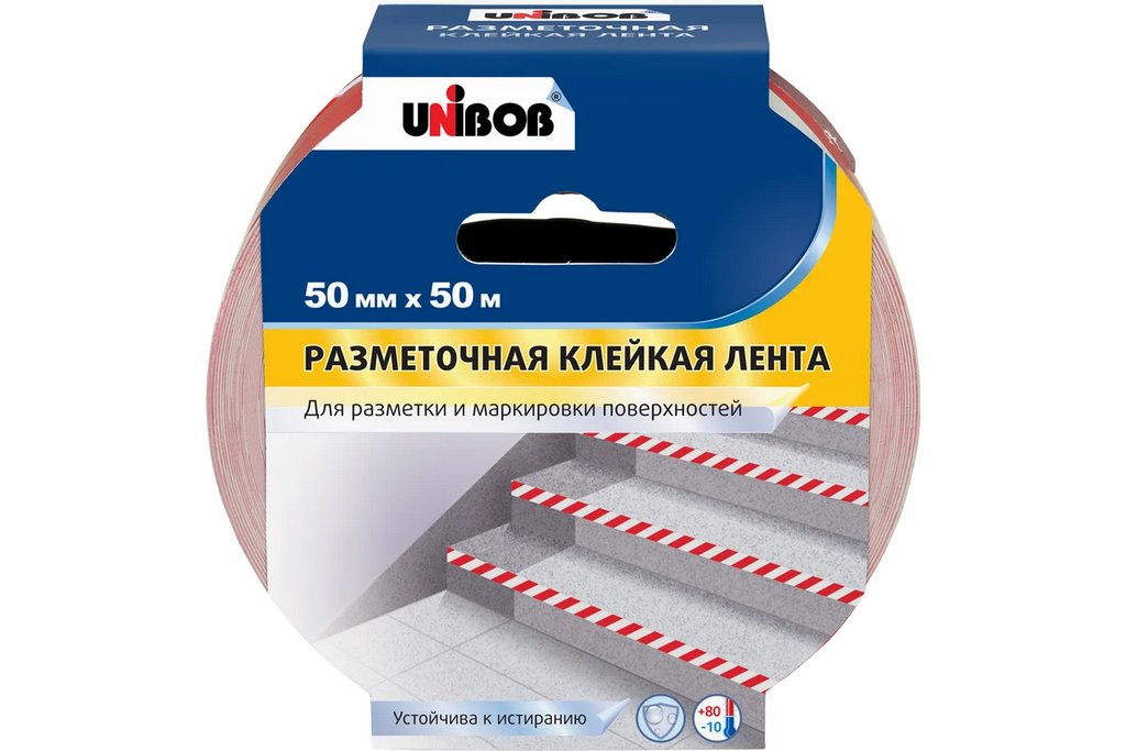 Лента сигнальная для разметки ПВХ красно-белая 50мм*50м UNIBOB, 150 мкм, клейкая