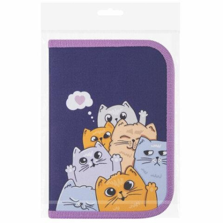 Пенал 1 отд. 1 откид. планка для девочки Пифагор "Cats greetings" 19*13 см (ткань)