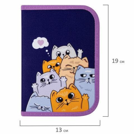 Пенал 1 отд. 1 откид. планка для девочки Пифагор "Cats greetings" 19*13 см (ткань)