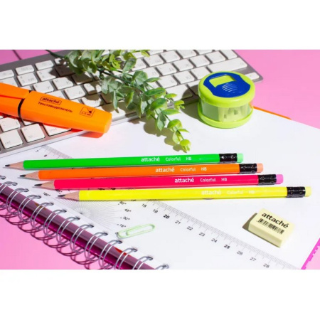 Карандаш ч/г HB трехгранный Attache "Colorful" с ластиком, цв. ассорти неон