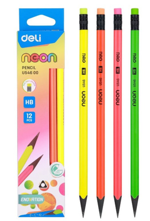 Карандаш ч/г HB пласт. корпус трехгранный Deli "Neon" с ластиком