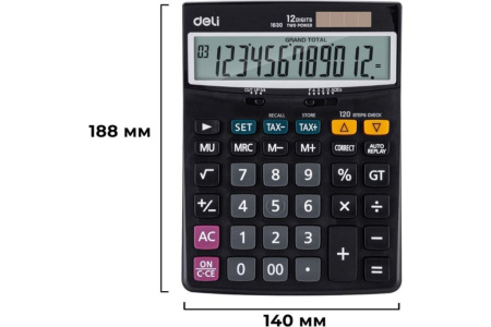 Калькулятор наст. Deli Core E1630 (12 разр., 2 питания, 188х140 мм) черный