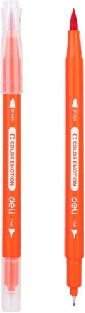 Набор фломастеров 12 цв. Deli "Color Emotion" двусторонние (кисть, игловидный), в пластиковом пенале