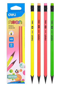 Карандаш ч/г HB пласт. корпус трехгранный Deli "Neon" с ластиком