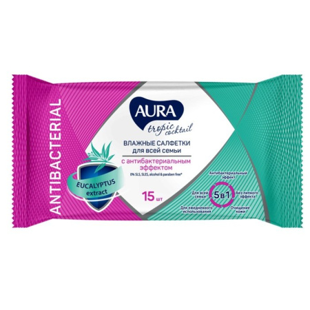 Салфетки влажные  15шт/уп Aura "Tropic Cocktail" с антибак. эффектом