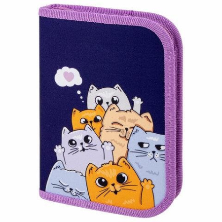 Пенал 1 отд. 1 откид. планка для девочки Пифагор "Cats greetings" 19*13 см (ткань)