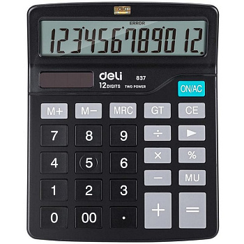 Калькулятор наст. Deli E837 (12 разр.) 2 питания, 148x120х52 мм, черный