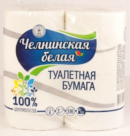 Туалетная бумага (4 рул/уп) 2 слоя, L-17 м с втулкой Челнинская белая