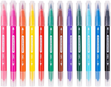 Набор фломастеров 12 цв. Deli "Color Emotion" двусторонние (кисть, игловидный), в пластиковом пенале