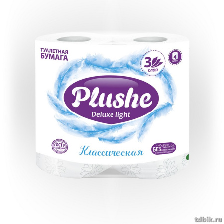 Туалетная бумага (4 рул/уп) 3 слоя, L-15 м, шир.-10 мм, Plushe Deluxe Классик, белая