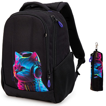 Рюкзак школьный для девочки SkyName "Радужный кот" (пенал) 38x27x16 см