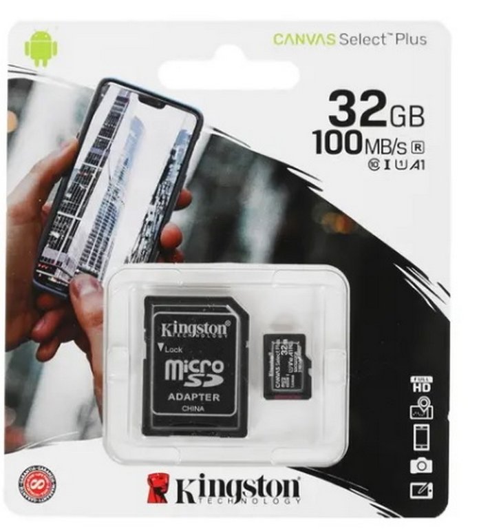 Карта памяти microSDHC 32GB KINGSTON Canvas Select Plus, UHS-I U1, 100 мб/с, class 10, адаптер
