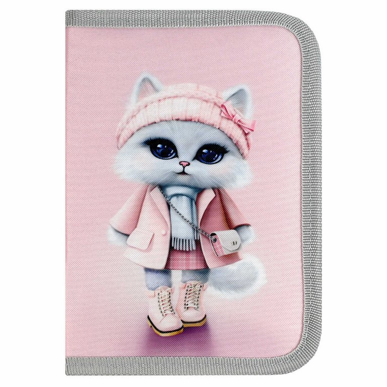 Пенал 1 отд. 1 откид. планка для девочки Феникс+ "Кошечка в пальто" 13,3x20x3,5 cм (ткань)
