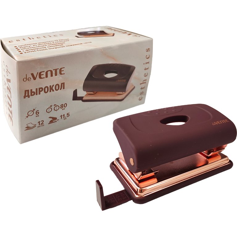 Дырокол до 12л пластик deVENTE "Esthetics" с линейкой, цв. бургунди