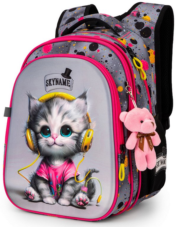 Рюкзак каркасный для девочки SkyName "Котенок в наушниках" (брелок мишка) 37x30x16 см
