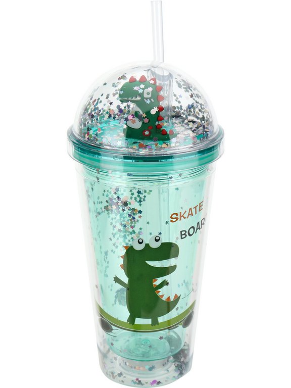 Стакан с трубочкой и крышкой, 450мл "Динозаврик и скейтборд"