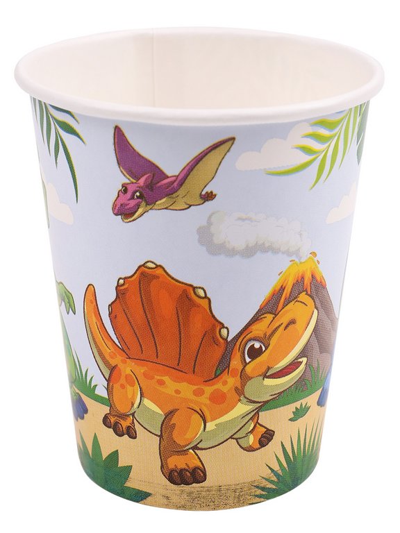 Набор одноразовой посуды картон на 6 персон "Динозавры" (6 стаканов + 6 тарелок + 6 колпаков)