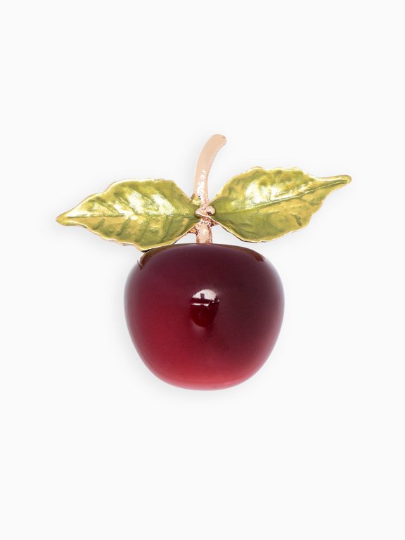 Брошь металл "Вишня" с листочками, красно-зелёная в золоте