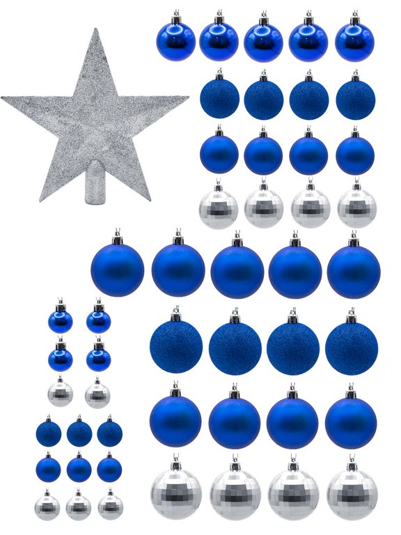 Набор шаров  цвет ассорти  50 шт (60мм 17шт, 50мм 17шт, 30мм 15шт) + звезда (20см) цв.иний/серебро