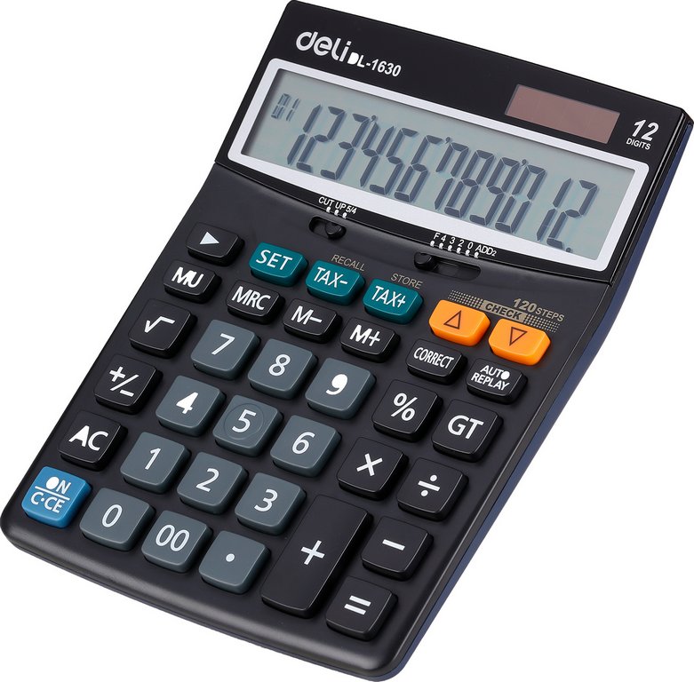 Калькулятор наст. Deli Core E1630 (12 разр., 2 питания, 188х140 мм) черный
