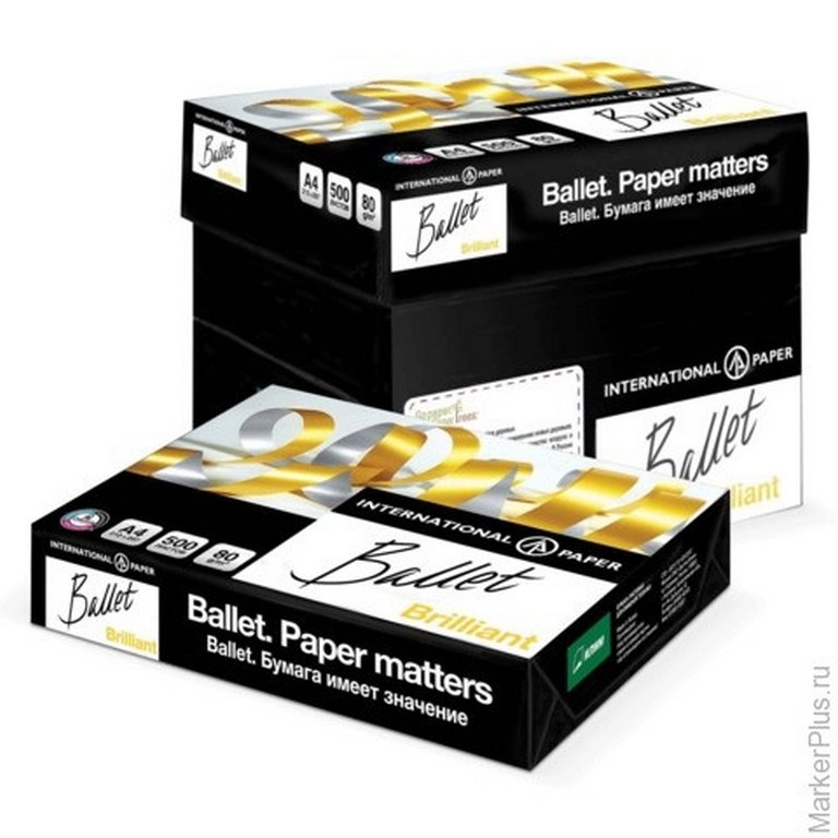 Бумага офисная Ballet Brilliant А4, 80 г/м2, 168% CIE, 112% ISO,толщ.113мкм,непрозр.95%, 500 л/пач.