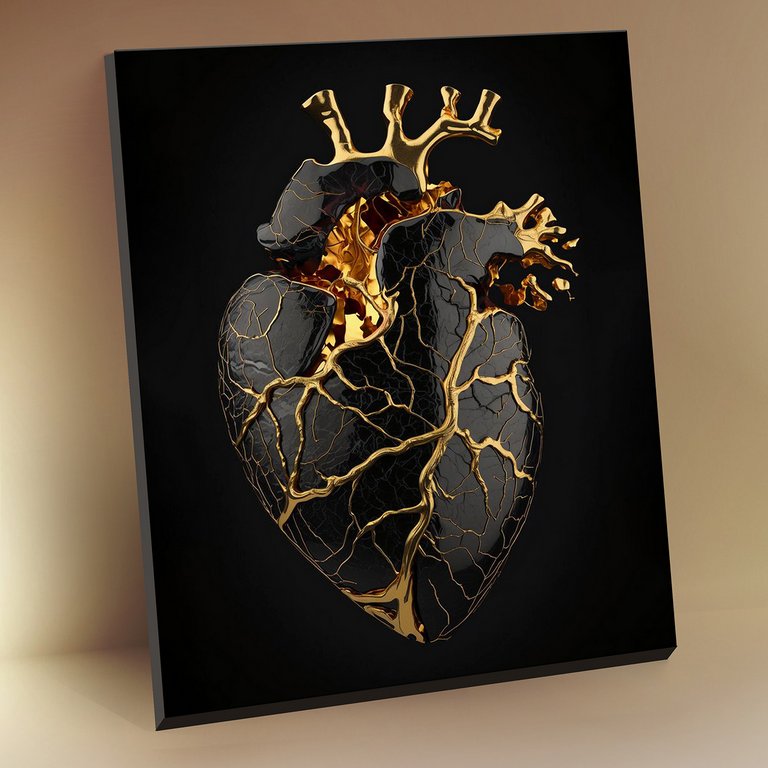 Роспись по номерам (холст) 40*50см черный с поталью "Золотое сердце" (основа+акрил.кр+кисти) 10 цв.