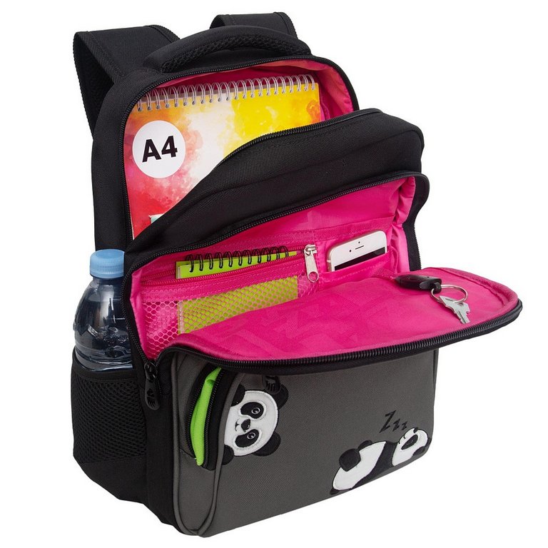 Рюкзак школьный для девочки Grizzly 28*39*20 см, черный/серый