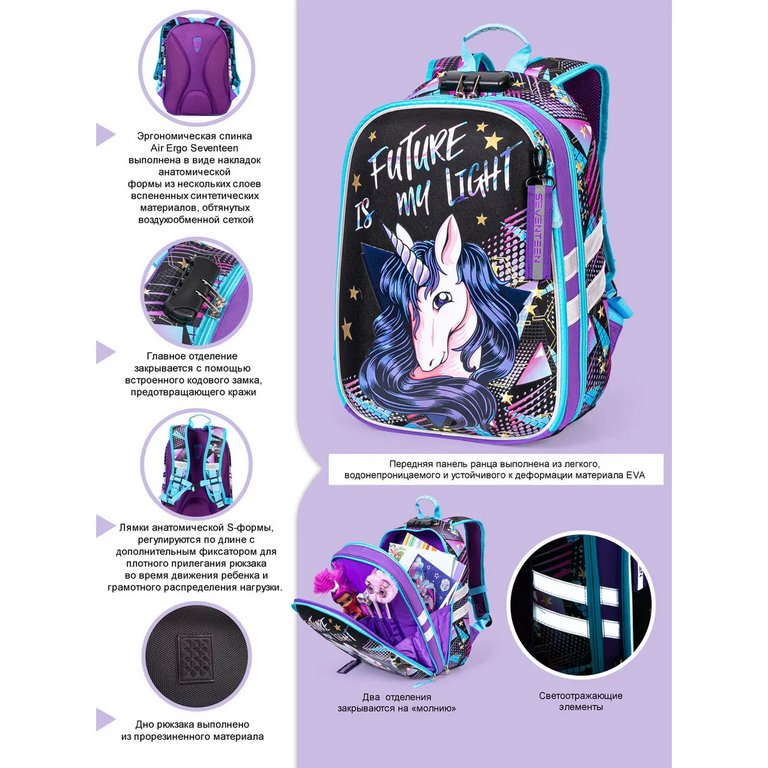 Рюкзак каркасный для девочки Seventeen "Единорог" (кодовый замок) 39x28x15 см