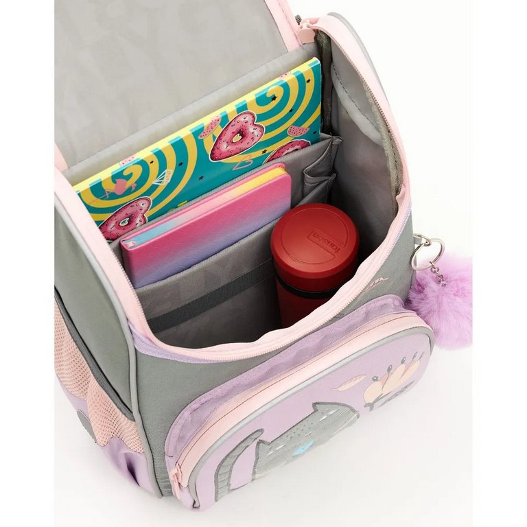 Ранец для девочки Grizzly + сумка д/обуви, 25*33*13см., лаванда/серый
