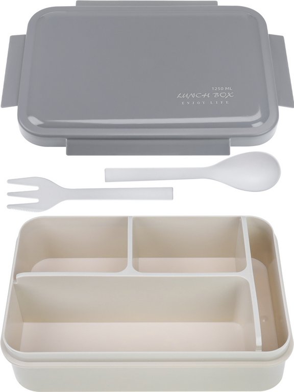 Ланч-бокс 1250 мл (с приборами, три отделения) серый