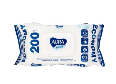 Салфетки влажные  200 шт/уп Aura "Для всей семьи" с крышкой Салфетки влажные  200 шт/уп Aura "Для всей семьи" с крышкой