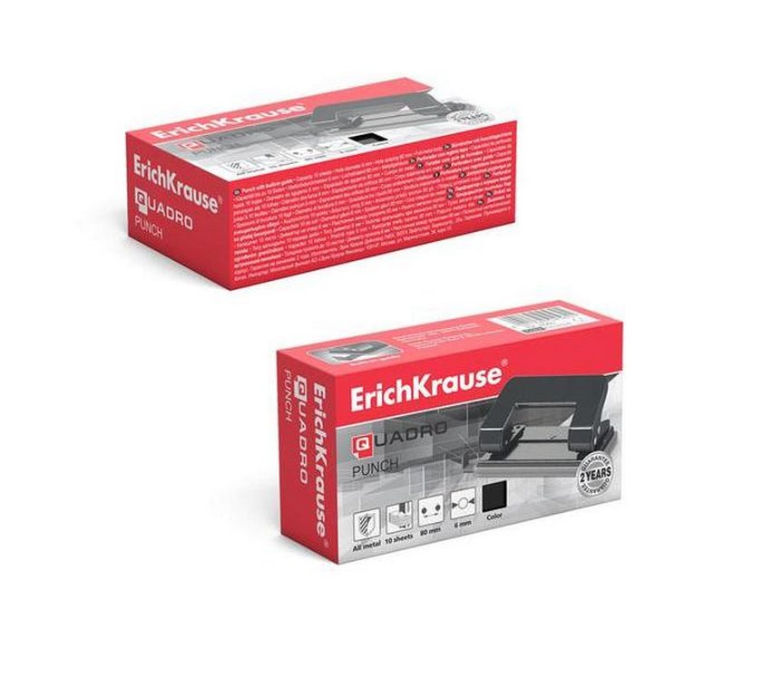 Дырокол до 10л метал. Erich Krause QUADRO с линейкой, ассорти