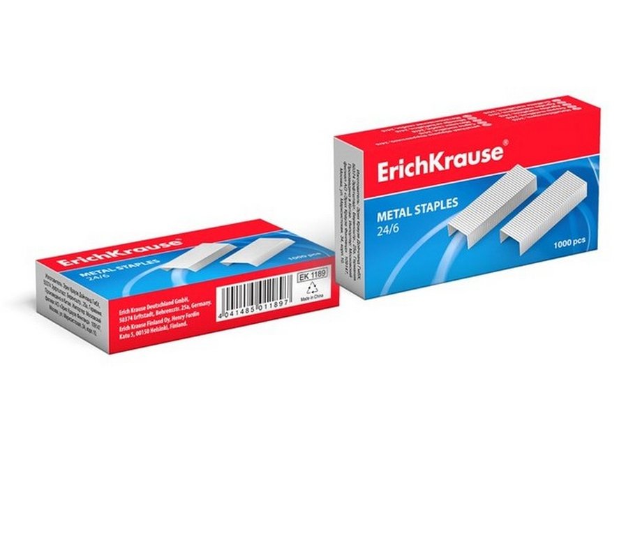 Скобы 24/6 Erich Krause 1000 шт/уп, оцинкованные, до 30 листов