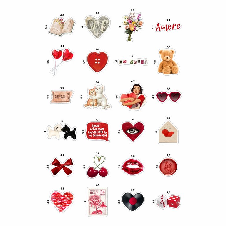 Набор наклеек  4 листа "Любовные №2" (24 шт) Nalepking